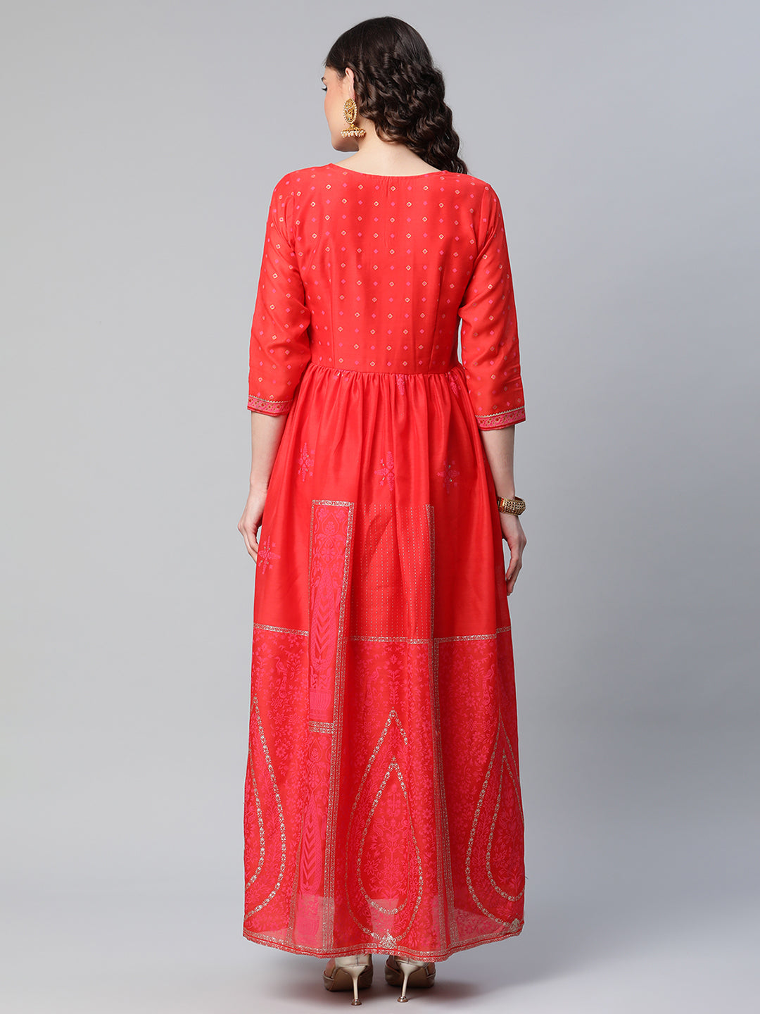 Women's Red Chanderi Khari Printed Dress