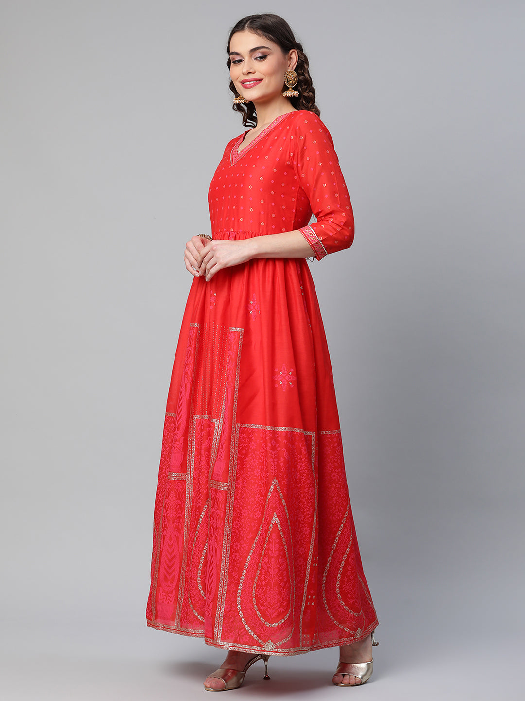 Women's Red Chanderi Khari Printed Dress