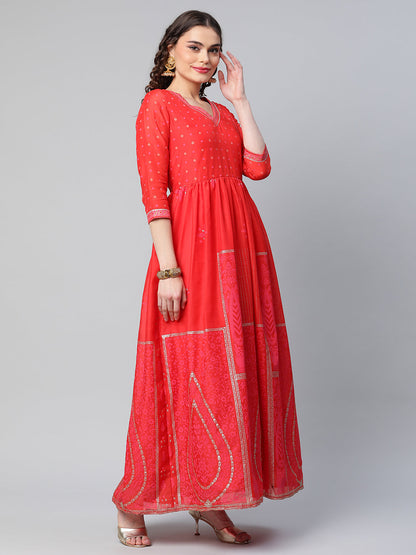 Women's Red Chanderi Khari Printed Dress