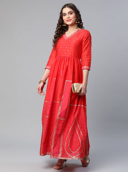 Women's Red Chanderi Khari Printed Dress