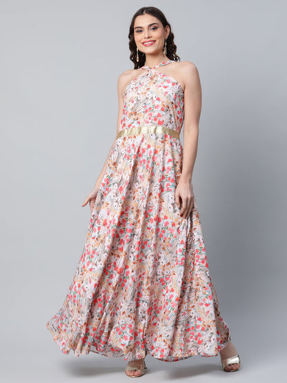 Women's Crepe Printed Classic White Romantic Florals Dress