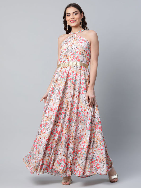 Women's Crepe Printed Classic White Romantic Florals Dress