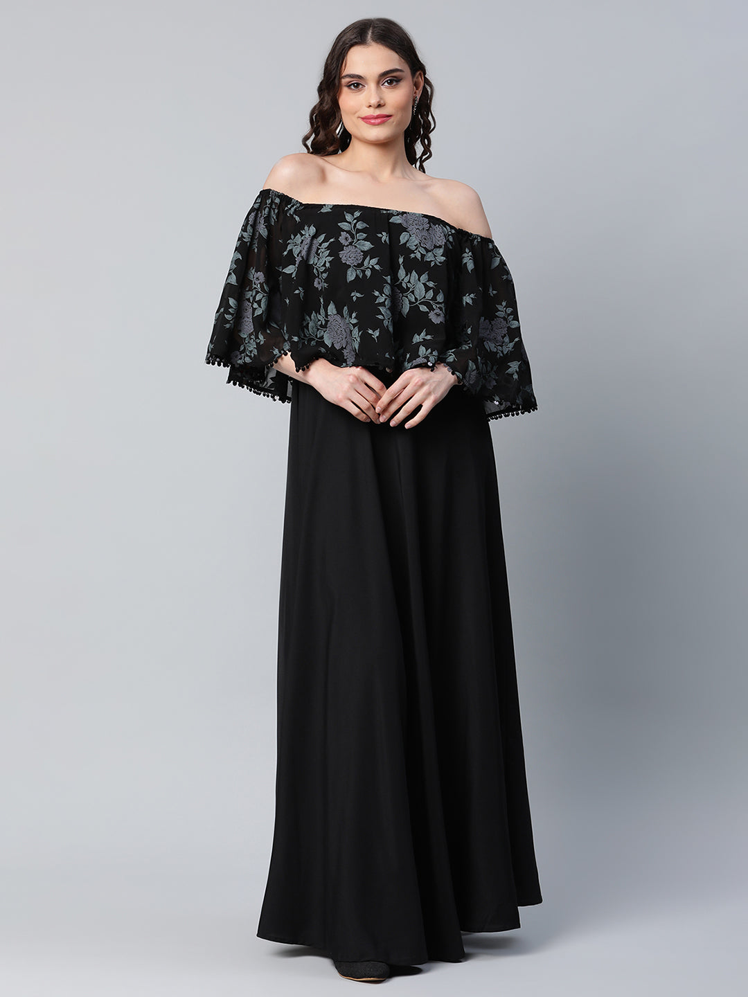 Women's Crepe Printed Black Dress