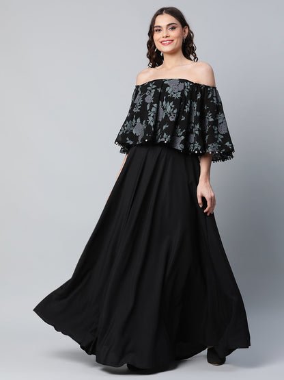 Women's Crepe Printed Black Dress