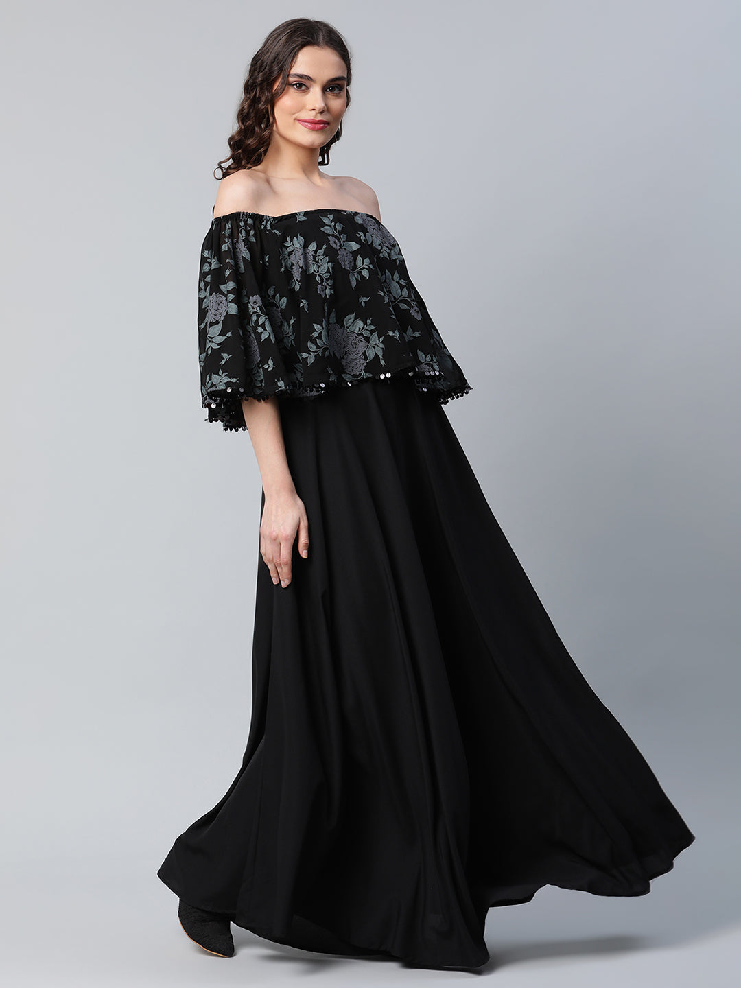 Women's Crepe Printed Black Dress