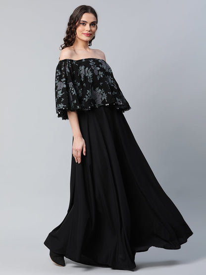 Women's Crepe Printed Black Dress