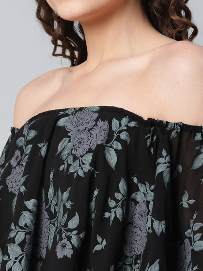 Women's Crepe Printed Black Dress