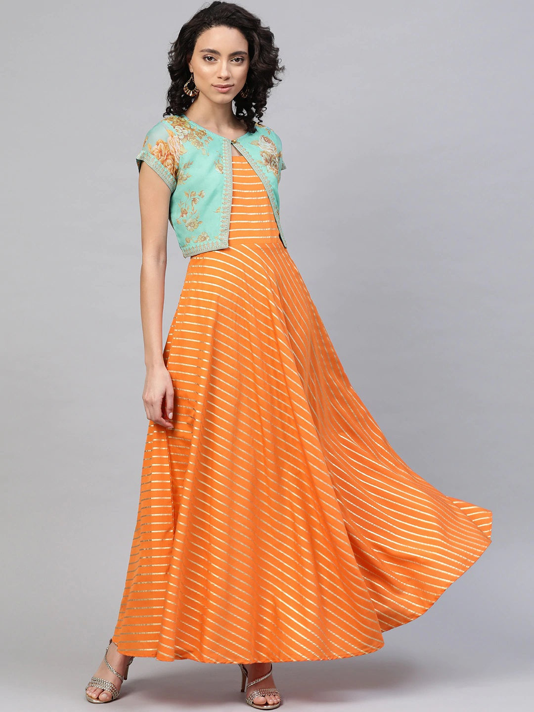 Women's Orange Crepe Striped Kurta With Jacke