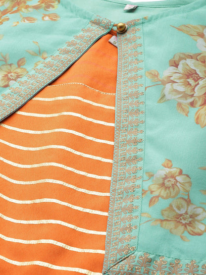 Women's Orange Crepe Striped Kurta With Jacke