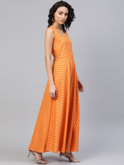 Women's Orange Crepe Striped Kurta With Jacke