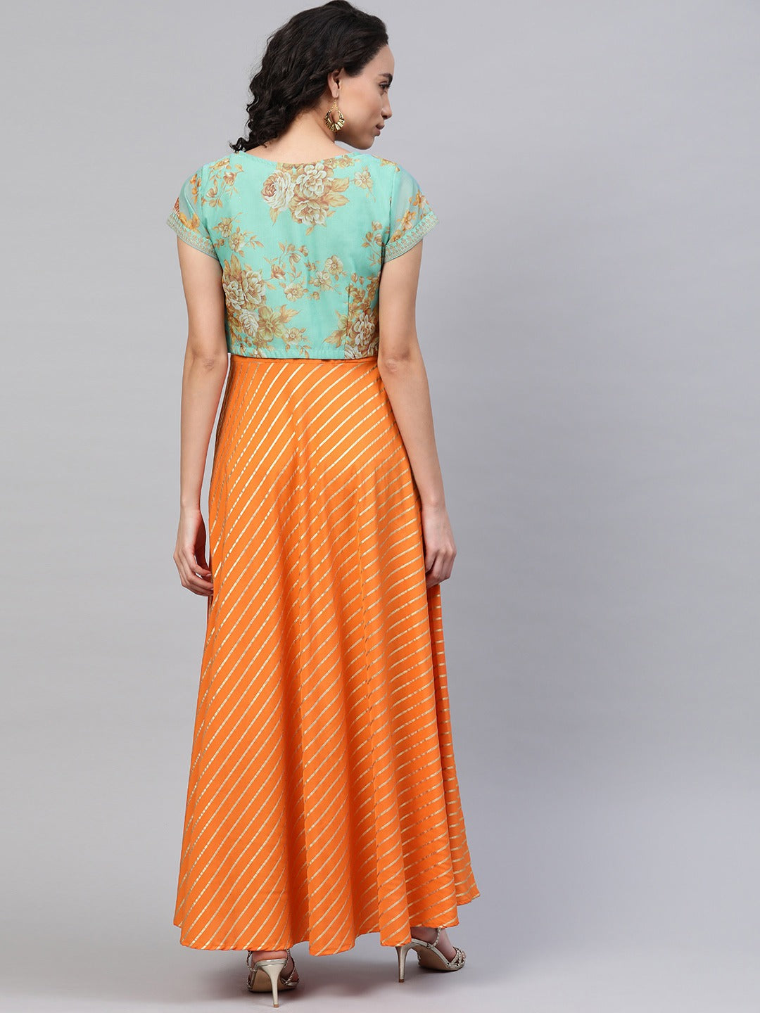 Women's Orange Crepe Striped Kurta With Jacke