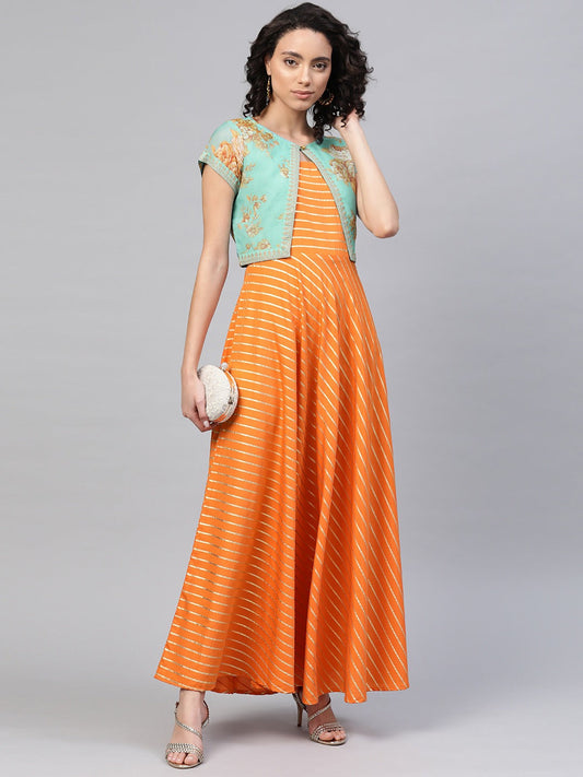 Women's Orange Crepe Striped Kurta With Jacke