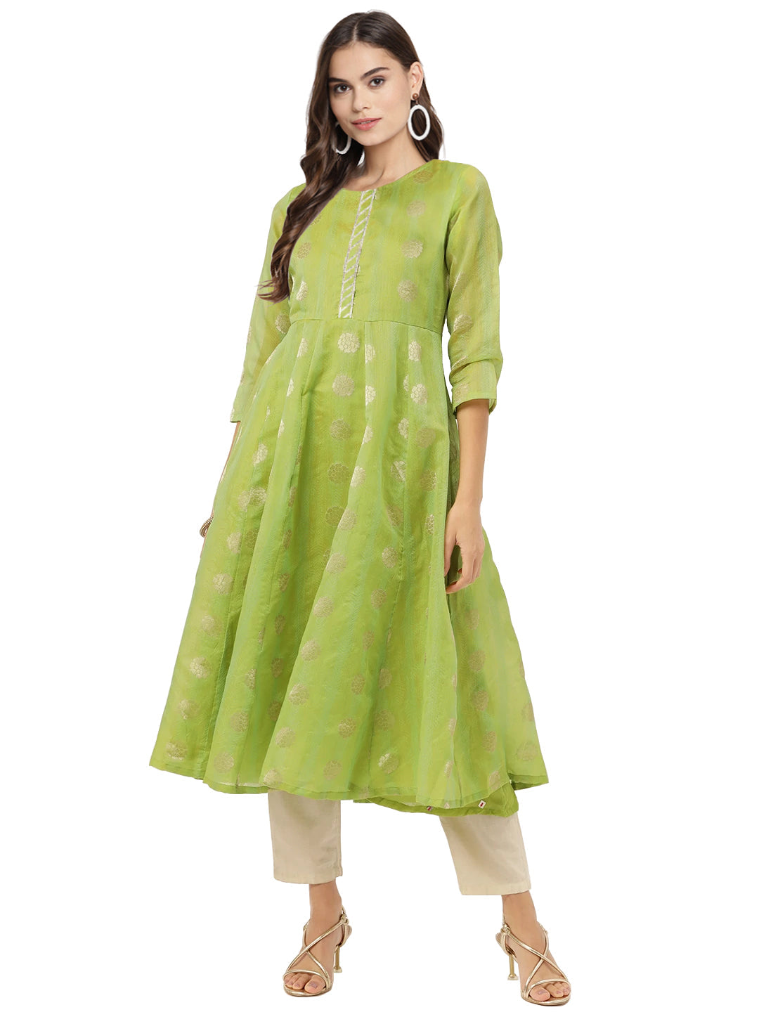 Women's Green Chanderi Jacquard Woven Dress