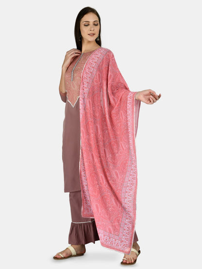 Women's Purple Polyester Printed 3/4 Sleeve Round Neck Casual Kurta Palazzo Dupatta Set