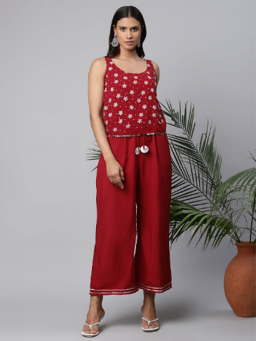 Women's Maroon Chiffon Printed Jumpsuit
