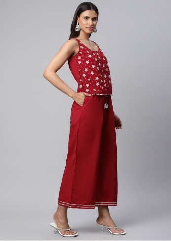 Women's Maroon Chiffon Printed Jumpsuit