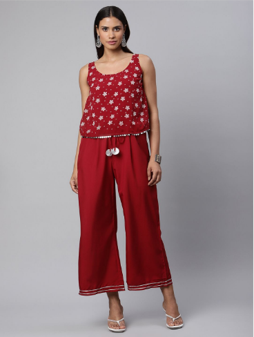 Women's Maroon Chiffon Printed Jumpsuit