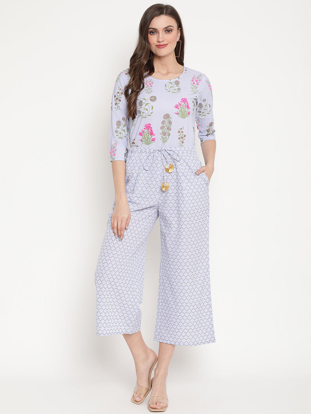 Women's Blue Crepe Printed Jumpsuit