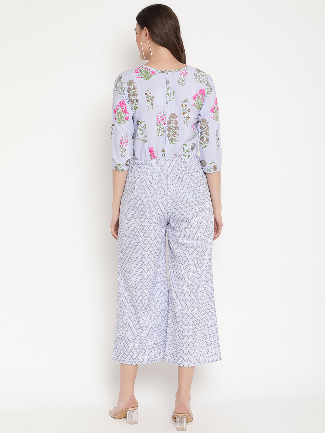 Women's Blue Crepe Printed Jumpsuit