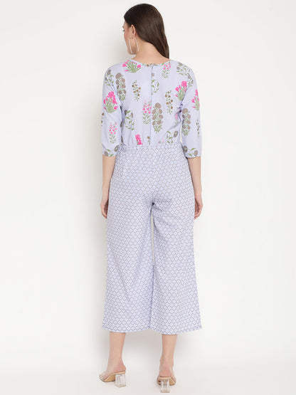 Women's Blue Crepe Printed Jumpsuit
