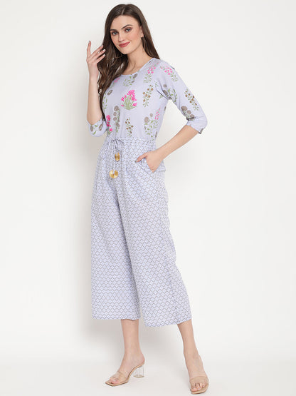 Women's Blue Crepe Printed Jumpsuit