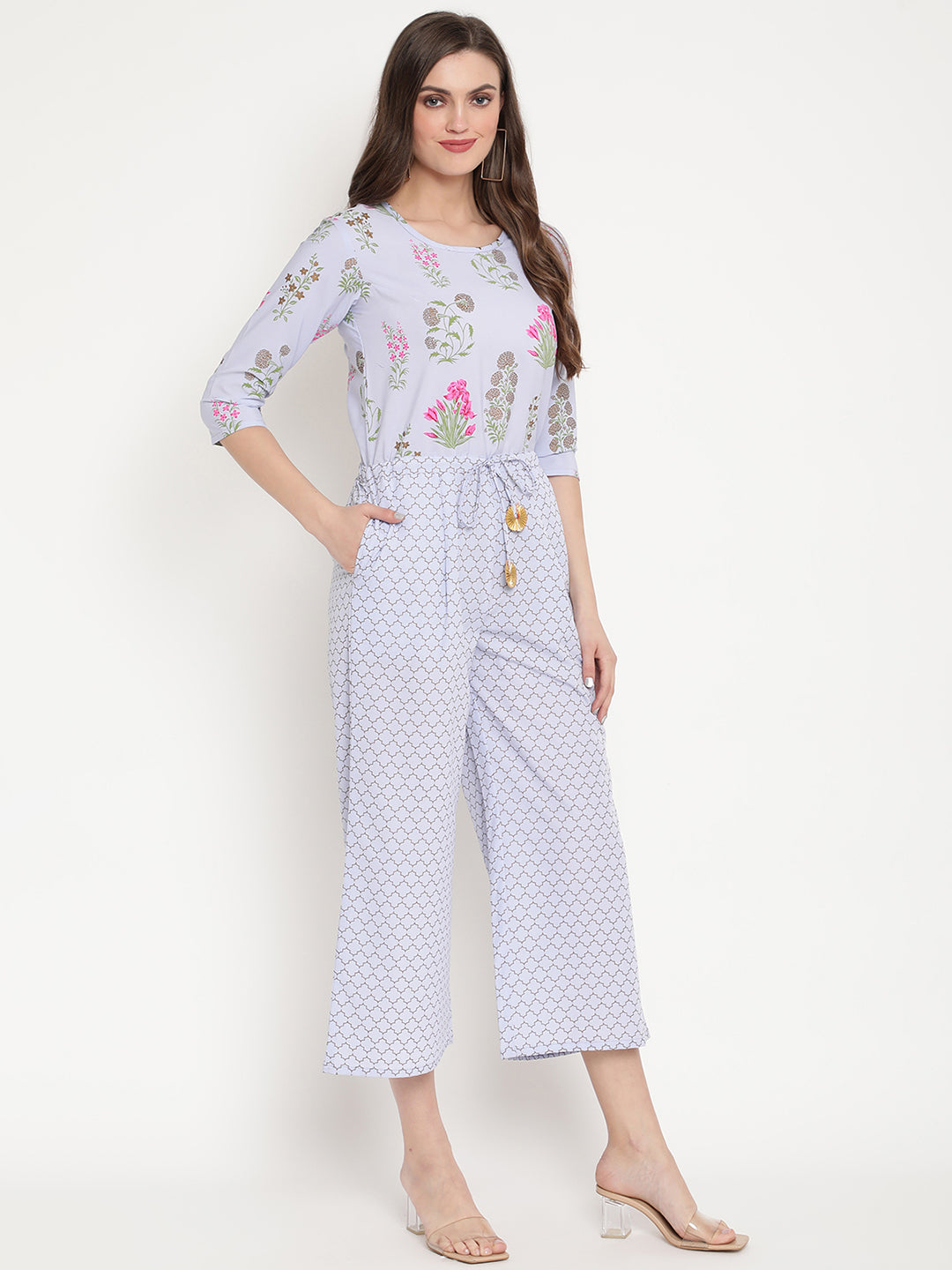Women's Blue Crepe Printed Jumpsuit