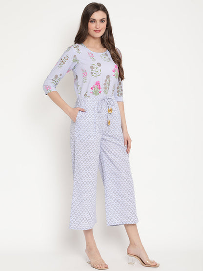 Women's Blue Crepe Printed Jumpsuit