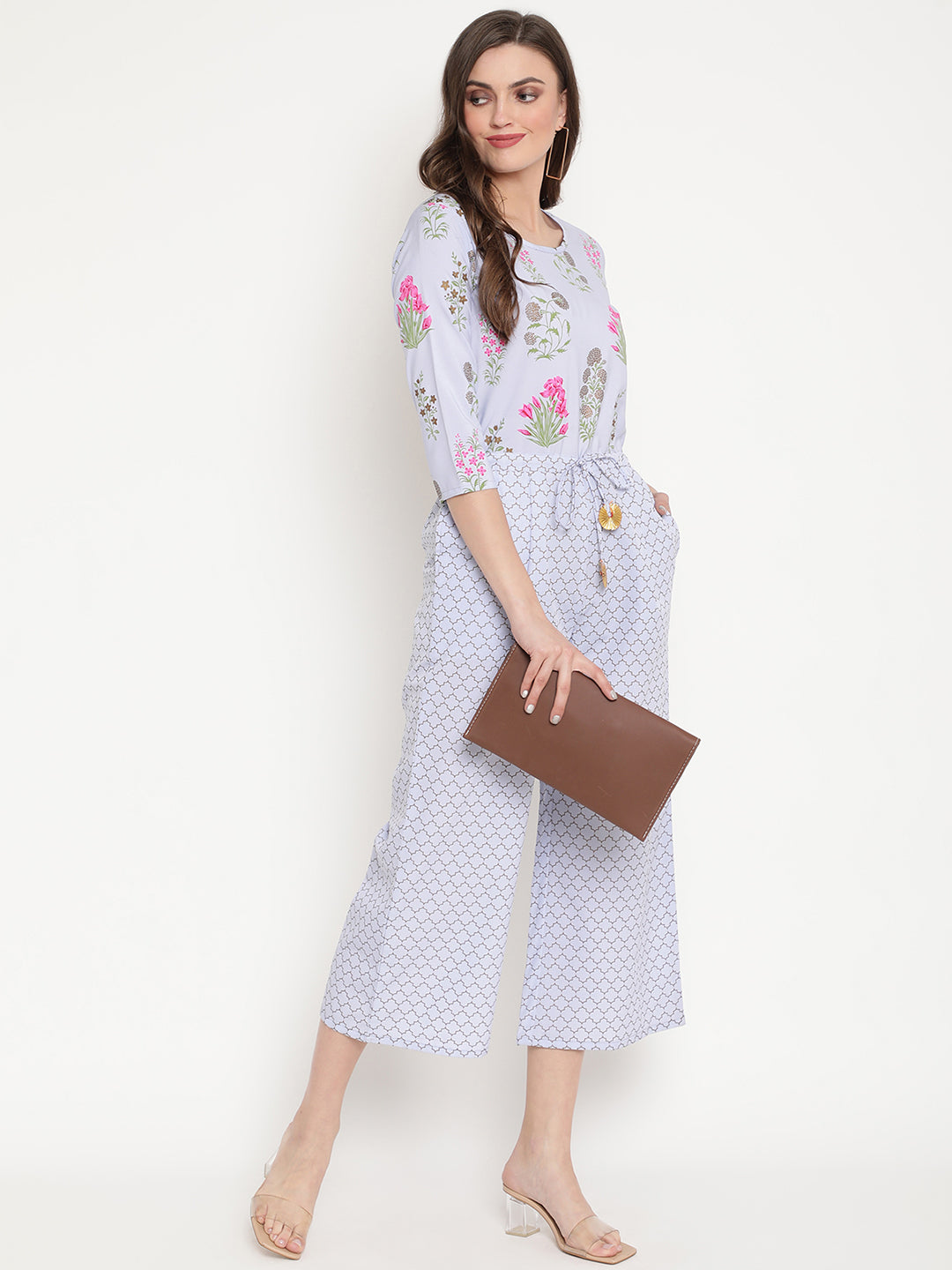 Women's Blue Crepe Printed Jumpsuit