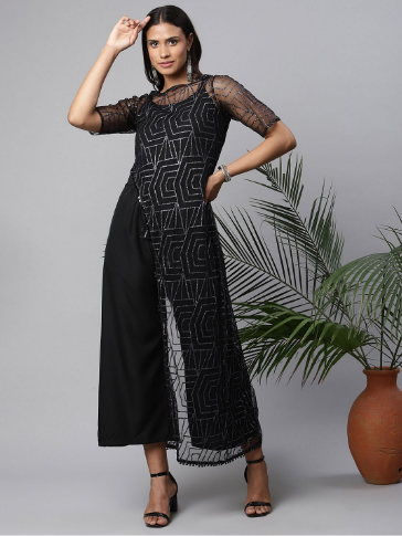 Women's Black Crepe & Net Glitter Print Jumpsuit