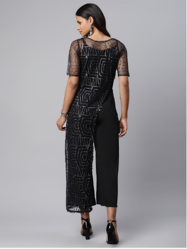 Women's Black Crepe & Net Glitter Print Jumpsuit
