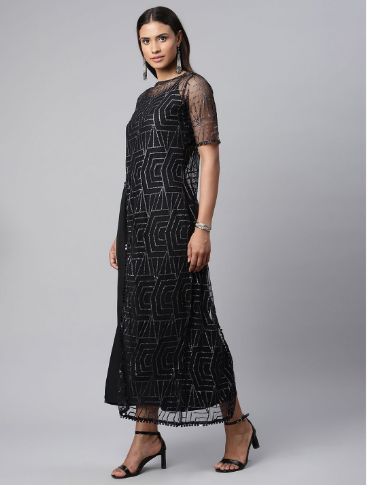 Women's Black Crepe & Net Glitter Print Jumpsuit