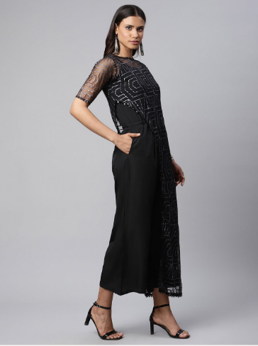 Women's Black Crepe & Net Glitter Print Jumpsuit