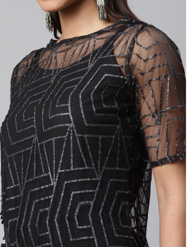 Women's Black Crepe & Net Glitter Print Jumpsuit