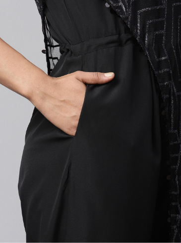 Women's Black Crepe & Net Glitter Print Jumpsuit