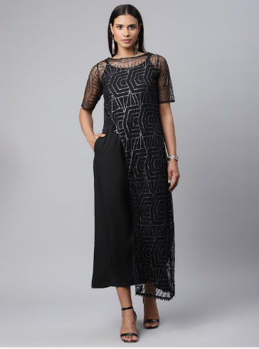 Women's Black Crepe & Net Glitter Print Jumpsuit