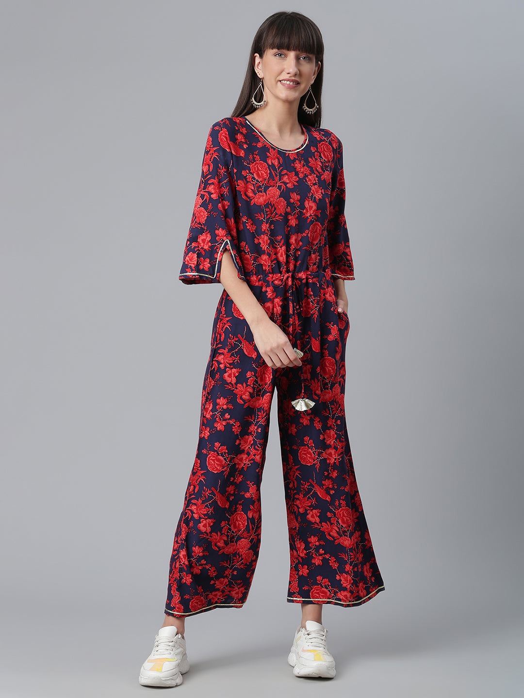 Women's Navy & Red Rayon Printed Jumpsuit