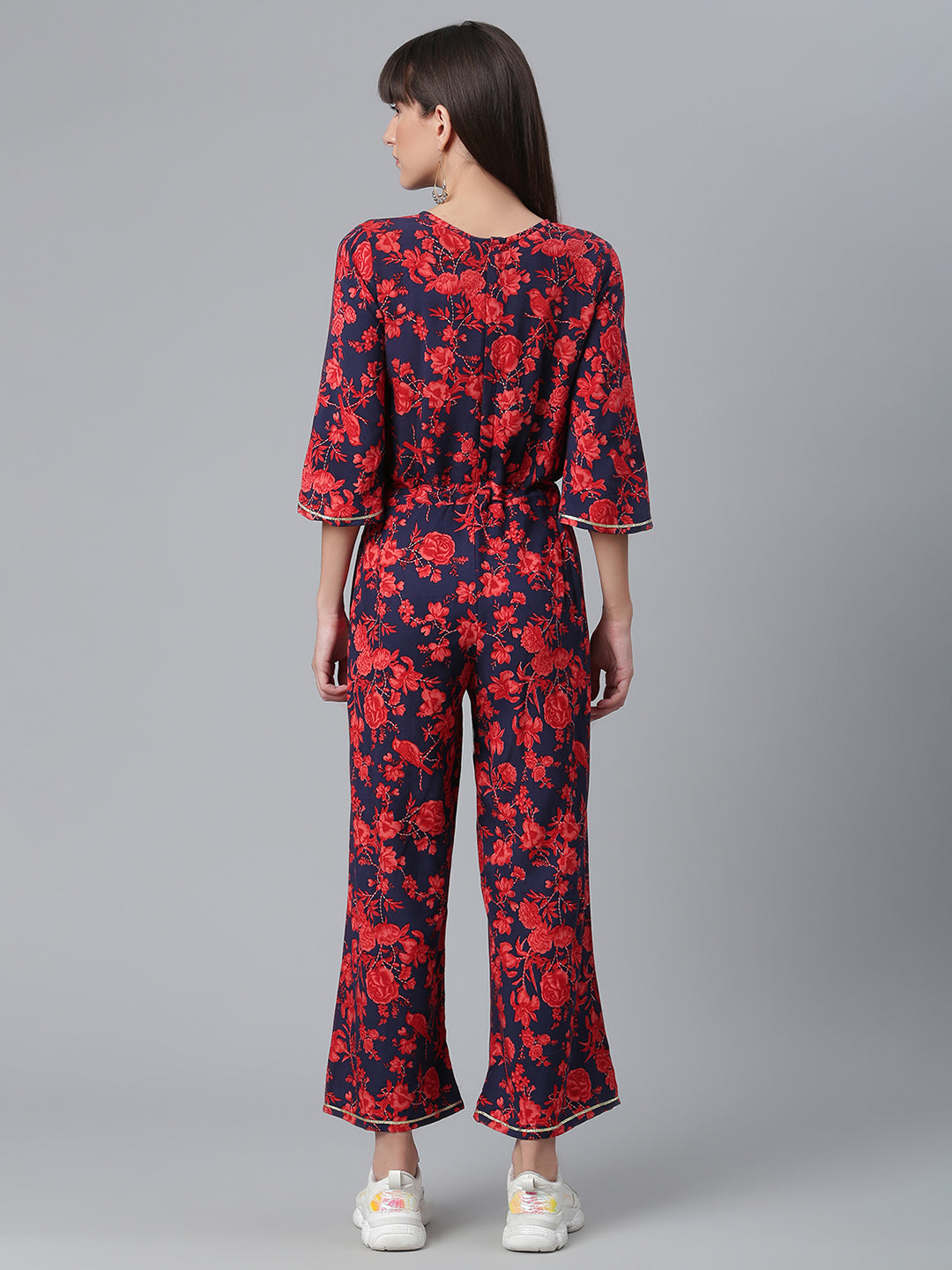 Women's Navy & Red Rayon Printed Jumpsuit