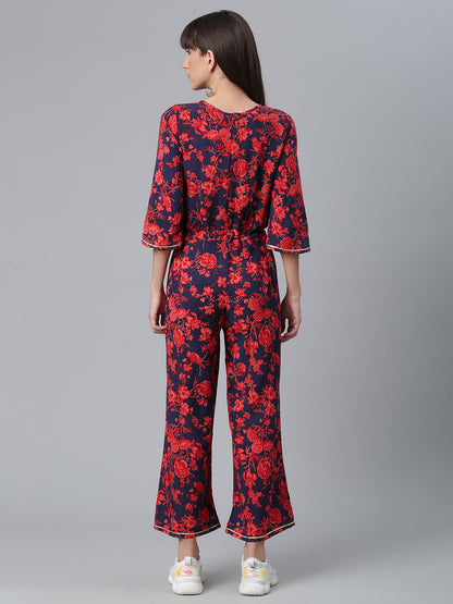 Women's Navy & Red Rayon Printed Jumpsuit
