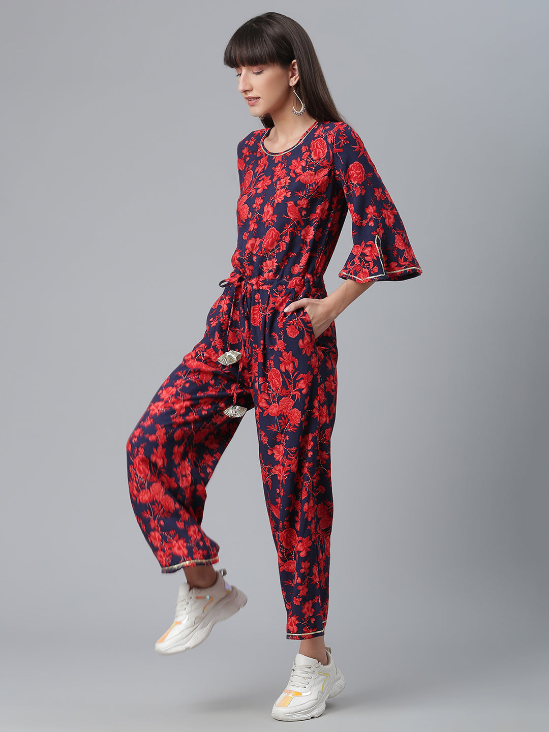 Women's Navy & Red Rayon Printed Jumpsuit