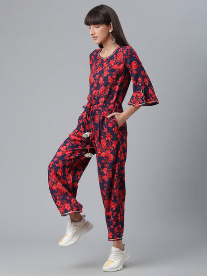 Women's Navy & Red Rayon Printed Jumpsuit