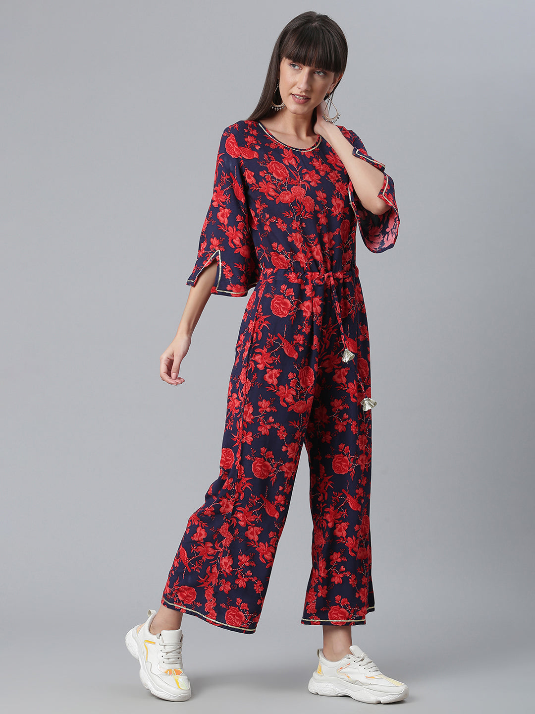 Women's Navy & Red Rayon Printed Jumpsuit