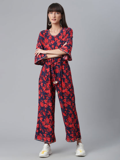 Women's Navy & Red Rayon Printed Jumpsuit
