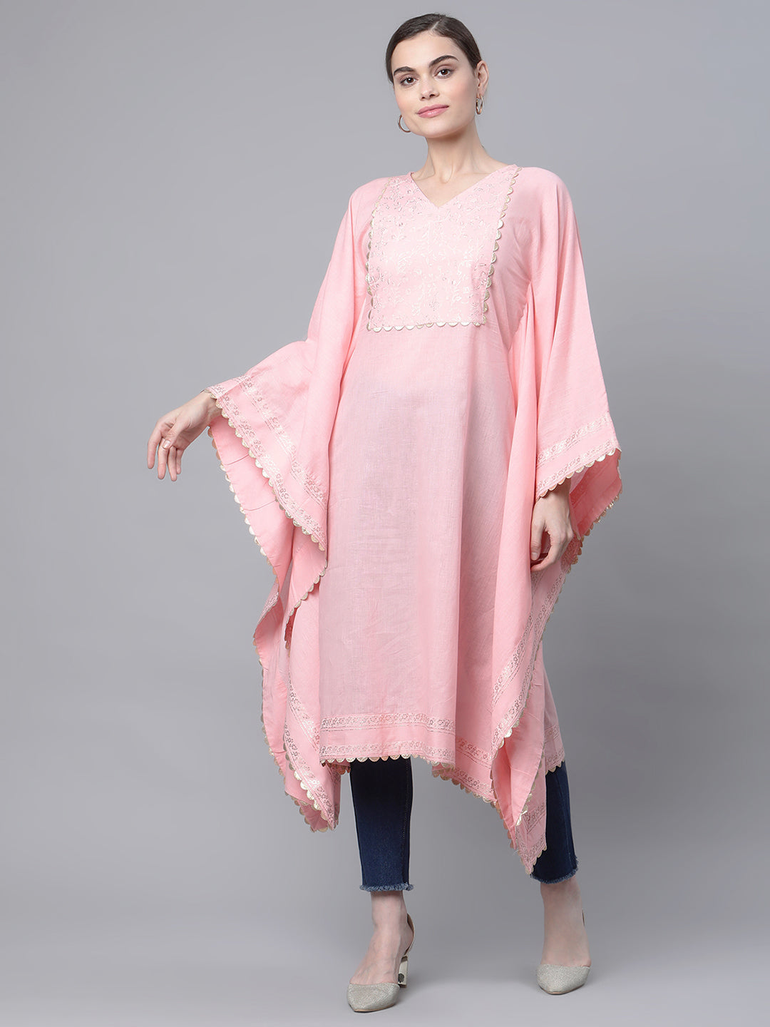 Women's Light Pink Cotton Printed Flared Sleeve Kaftan Kurta By Ah