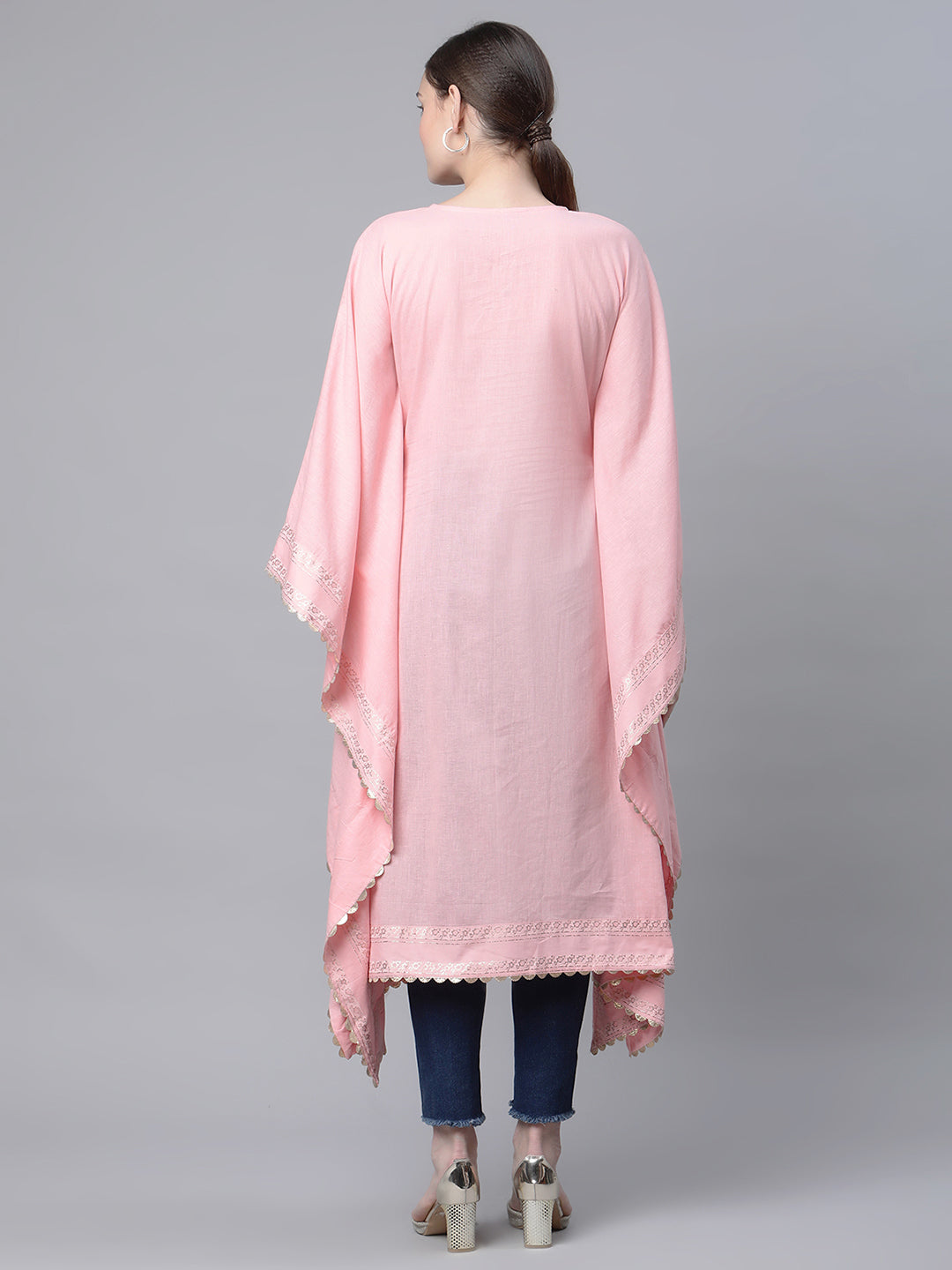 Women's Light Pink Cotton Printed Flared Sleeve Kaftan Kurta By Ah