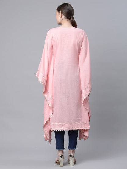 Women's Light Pink Cotton Printed Flared Sleeve Kaftan Kurta By Ah