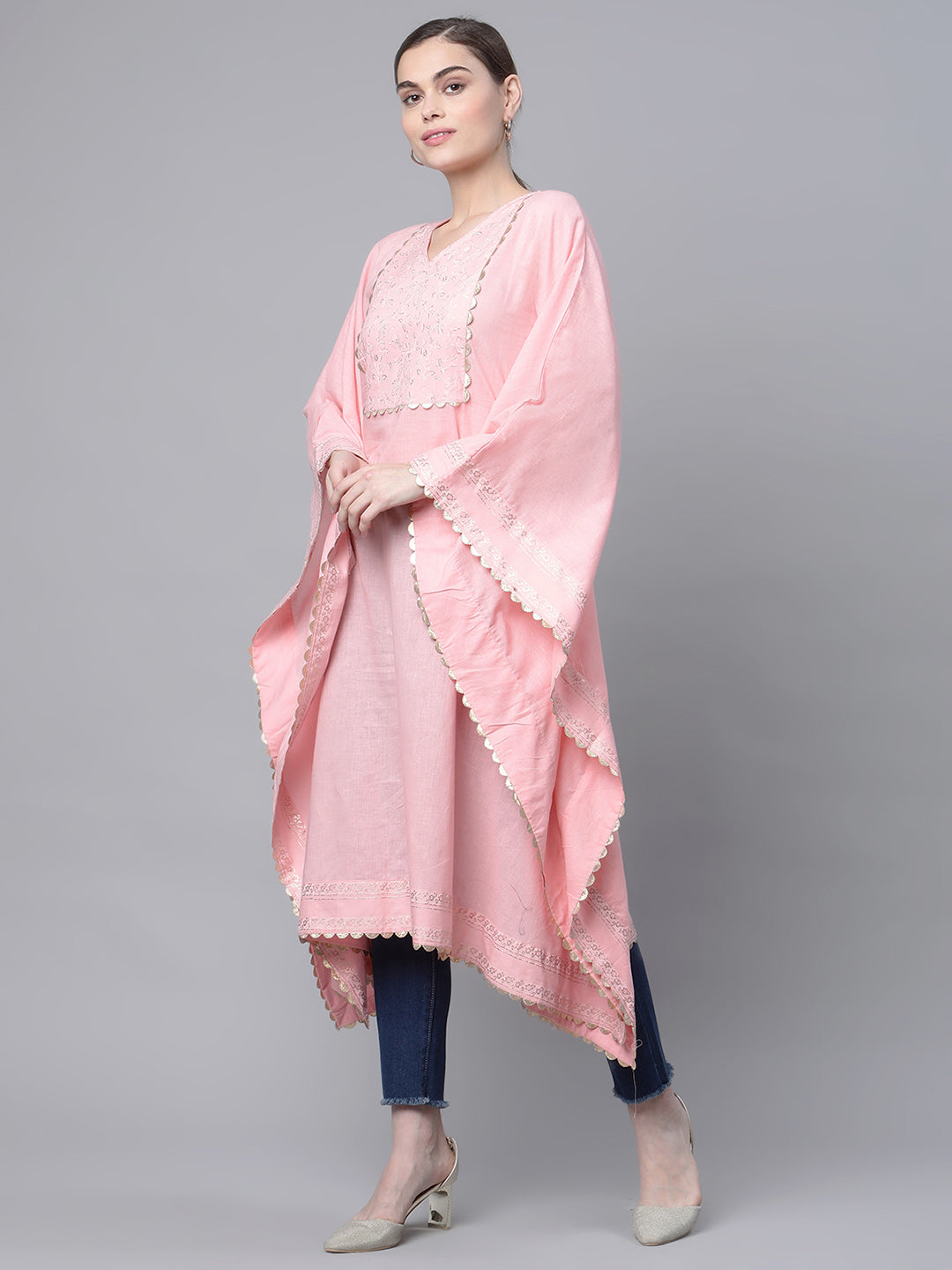 Women's Light Pink Cotton Printed Flared Sleeve Kaftan Kurta By Ah