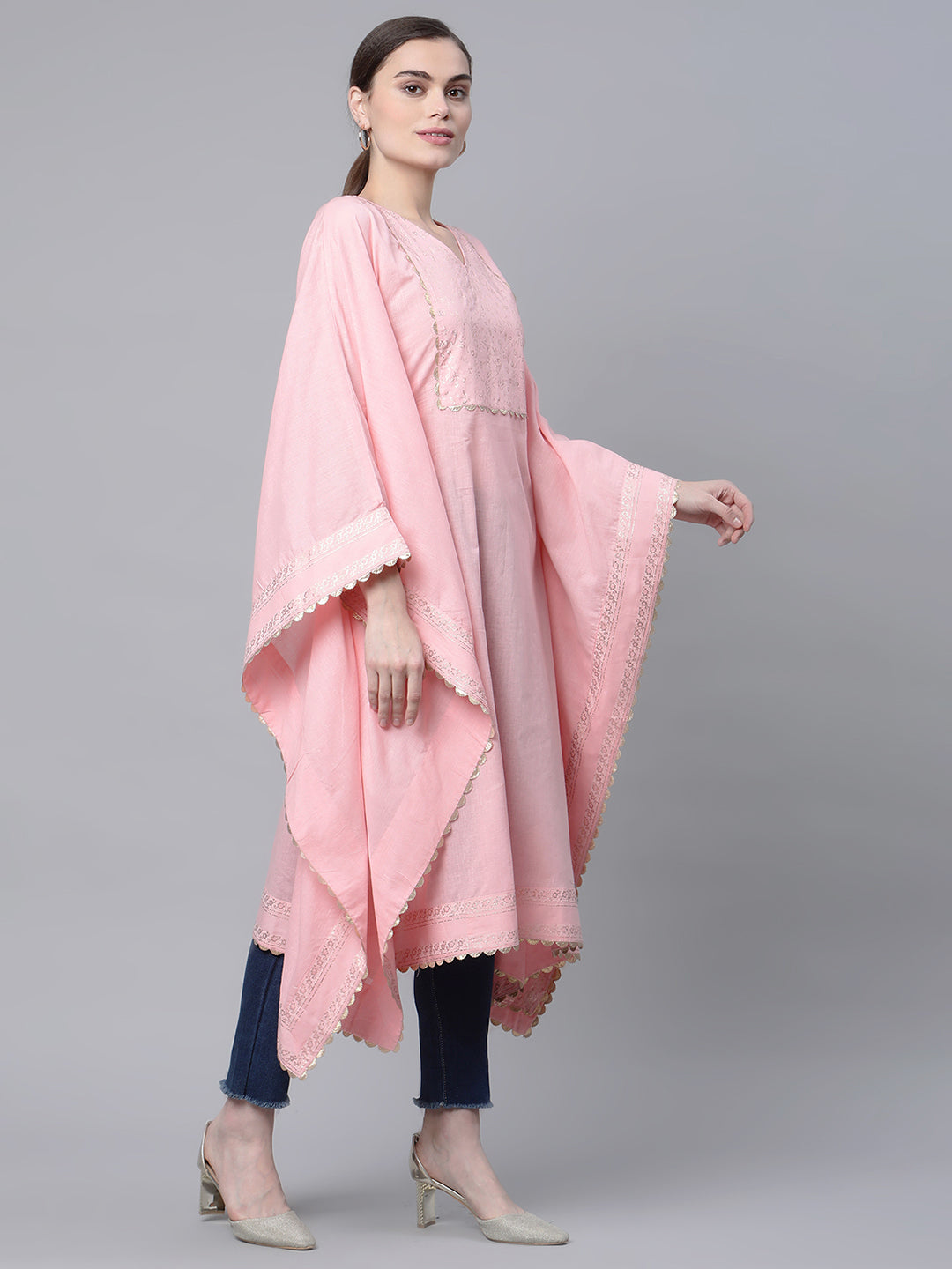 Women's Light Pink Cotton Printed Flared Sleeve Kaftan Kurta By Ah
