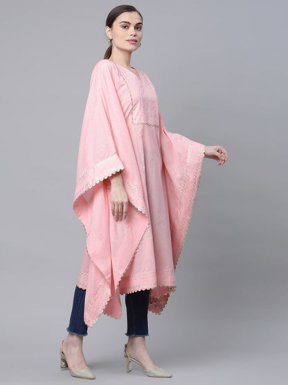 Women's Light Pink Cotton Printed Flared Sleeve Kaftan Kurta By Ah
