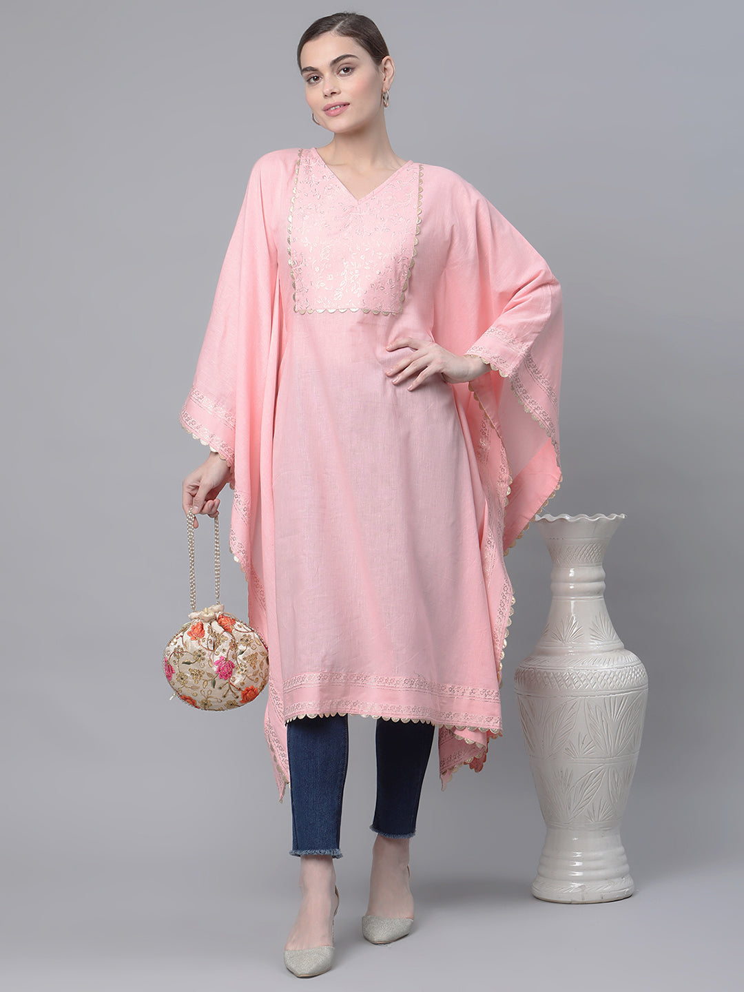 Women's Light Pink Cotton Printed Flared Sleeve Kaftan Kurta By Ah