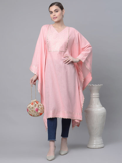 Women's Light Pink Cotton Printed Flared Sleeve Kaftan Kurta By Ah